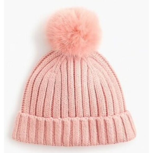 J.CREW Blush Ribbed Beanie with Faux-Fur Pom-Pom sz OS - Picture 1 of 7